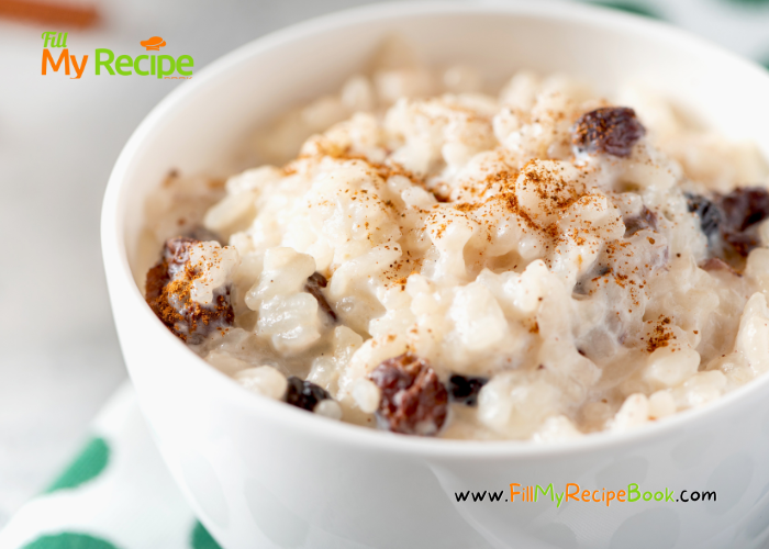 Creamy Raisin Cinnamon Rice Pudding recipe. Easy traditional old dessert for a simple stove top boil, cook idea and condensed milk.