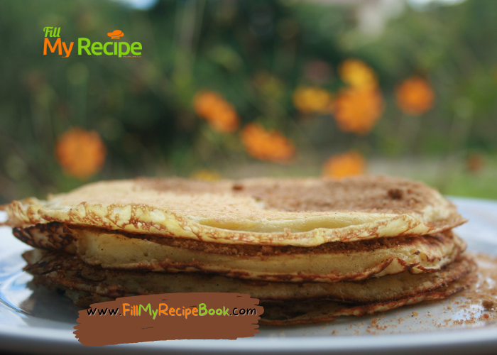 Easy Homemade Pancakes recipe. Top with honey or maple syrup, add cinnamon and brown sugar and a simple filling of chocolate cocoa spread.