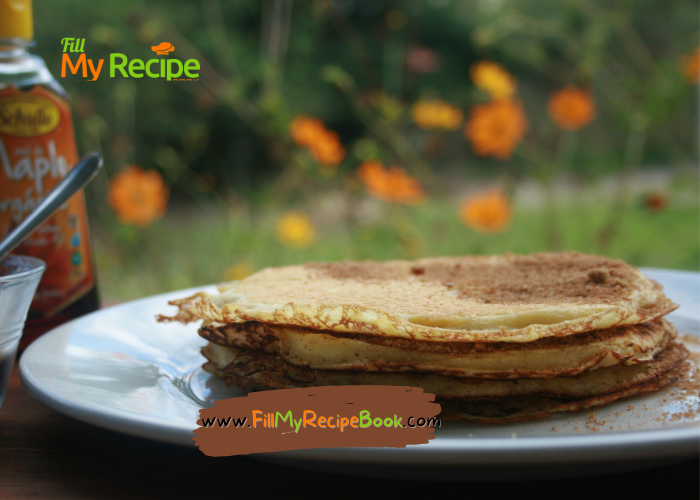 Easy Homemade Pancakes recipe. Top with honey or maple syrup, add cinnamon and brown sugar and a simple filling of chocolate cocoa spread.