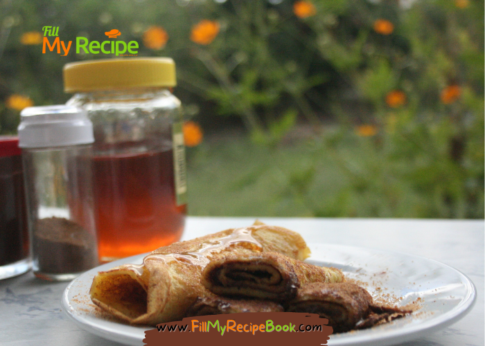 Easy Homemade Pancakes recipe. Top with honey or maple syrup, add cinnamon and brown sugar and a simple filling of chocolate cocoa spread.