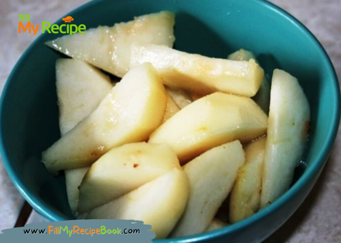 Easy Pear Cobbler Recipe idea. An Oven Baked dessert made all in one dish with batter and fresh fruit topped with cinnamon, brown sugar.