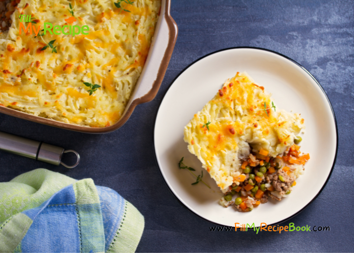 Homemade Cottage Pie Dish recipe idea to bake for lunch or dinner. Easy and tasty ground beef with mash and parmesan casserole.