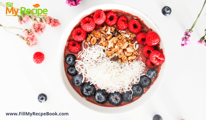 A Vegan Chocolate Raspberry Smoothie Bowl recipe. For an easy protein breakfast with all the fresh tasty berries and granola with honey.