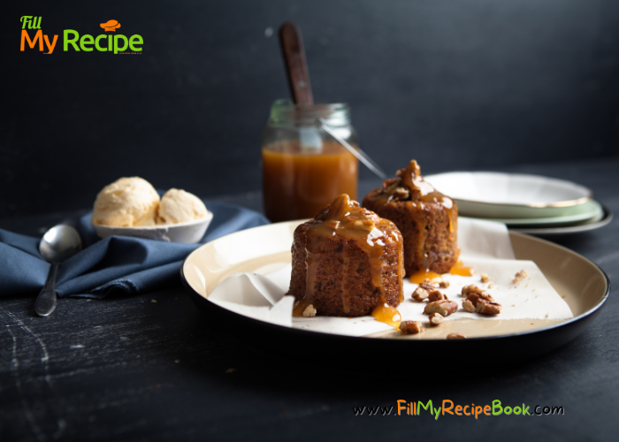Sticky Date Pudding and Sauce recipe. Easy warm fine dining muffin dessert idea known as sticky toffee pudding, with butterscotch sauce.