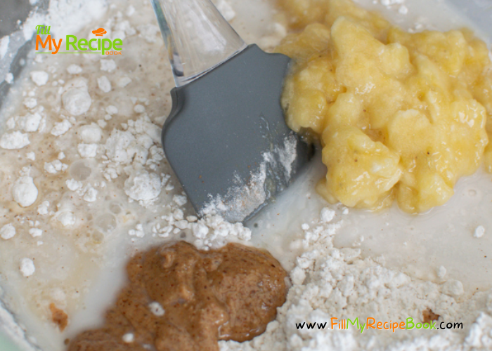 ingredients mixed, 12 Healthy Zucchini Muffins Recipe idea made with banana. The best healthy muffins are gluten free baked with cinnamon and banana.