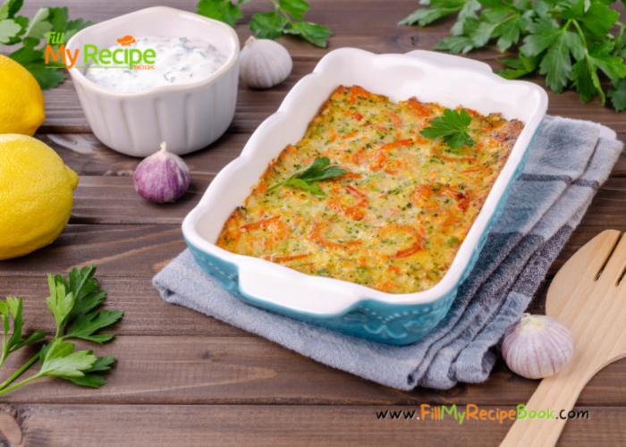 Creamy Pumpkin Vegetable Casserole side dish recipe idea. Oven baked dinner or lunch with mushroom soup and cheese on top, with herbs.