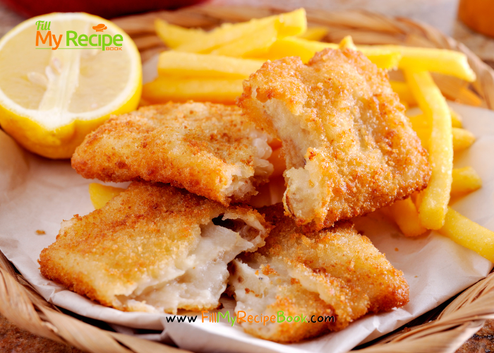 Fried Fish and Chips with Salad recipe idea. Best battered fried fish fillets with sides of chips, Greek salad and lemon, fresh from the sea.