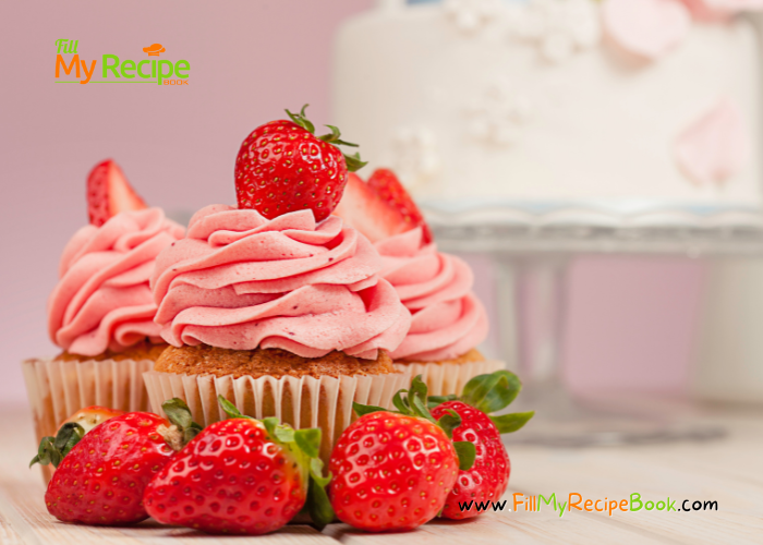 Strawberry Frosted Vanilla Cupcake Recipe. A plain vanilla cupcake with simple fresh strawberry icing idea with sprinkles for dessert.