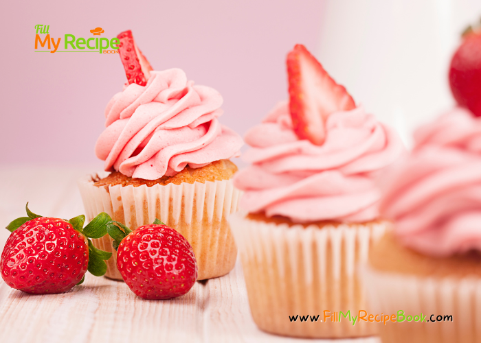 Strawberry Frosted Vanilla Cupcake Recipe. A plain vanilla cupcake with simple fresh strawberry icing idea with sprinkles for dessert.