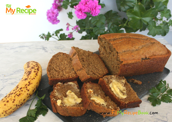 Tasty Banana Bread Loaf recipe idea. Easy moist and delicious snack that is healthy. versatile for a dessert or food for midday or breakfast.