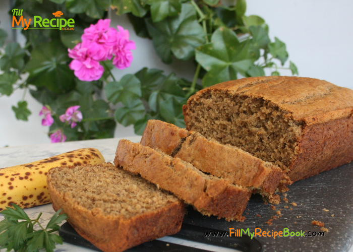 Tasty Banana Bread Loaf recipe idea. Easy moist and delicious snack that is healthy. versatile for a dessert or food for midday or breakfast.