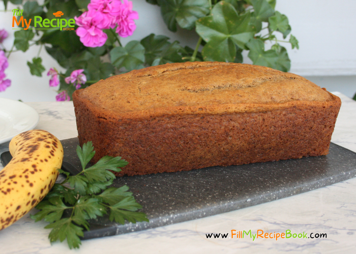 Tasty Banana Bread Loaf recipe idea. Easy moist and delicious snack that is healthy. versatile for a dessert or food for midday or breakfast.