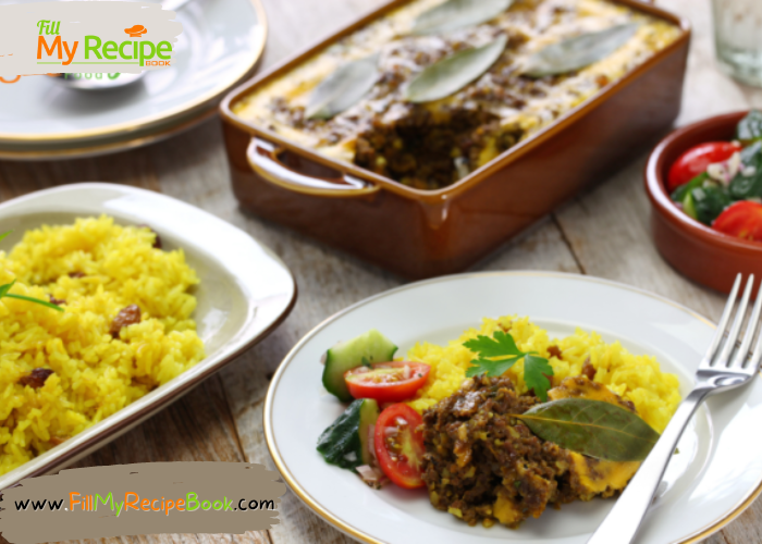 Traditional Bobotie and Yellow Rice casserole recipe. Authentic oven baked dish with some warming curry spices, minced meat, apricot jam.