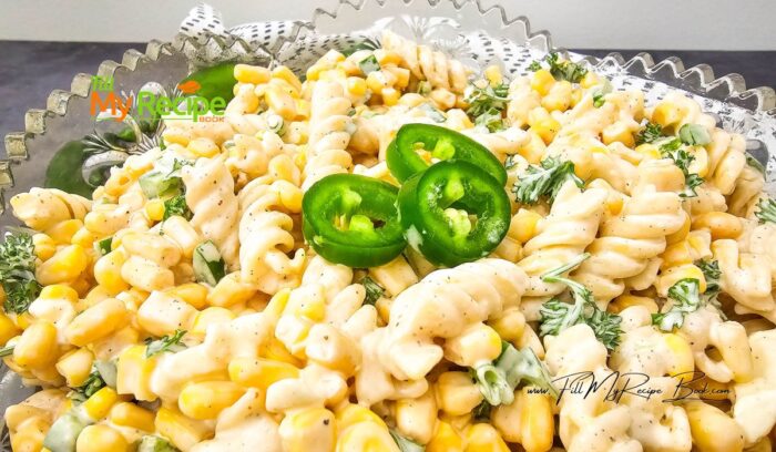 Zesty Mexican Street Corn Pasta recipe for a summer salad or side dish. Bold and creamy cheese, jalapeno dressing full of flavor.