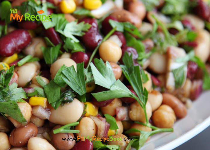 Three Bean Salad and Dressing recipe is quick an easy side dish. The three beans with onion, celery, and parsley and best salad and dressing.