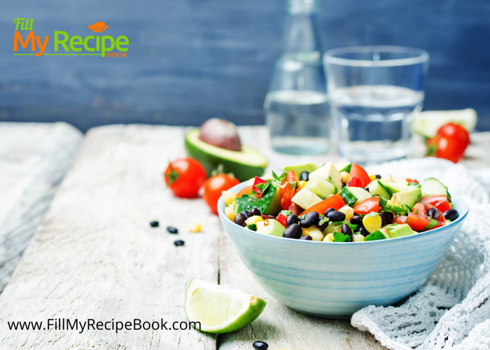 Corn and Black Bean Salad recipe with avocado and lime dressing. A healthy vegan or vegetarian cold side dish for braai or barbecue meals.