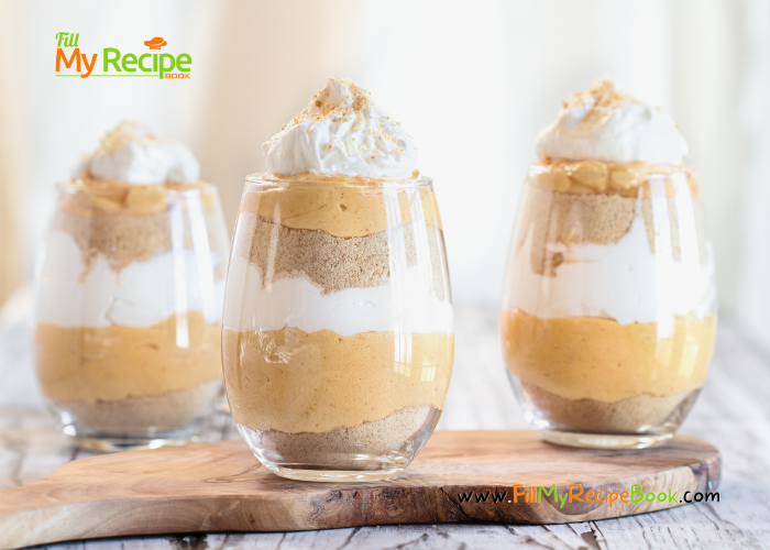 Easy Pumpkin Cream Parfait Recipe dessert for thanksgiving. Layered with crushed chocolate chip biscuit, with creamed pumpkin and cream.