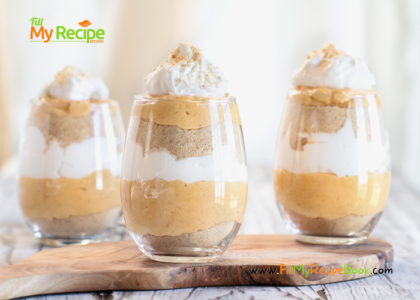 Easy Pumpkin Cream Parfait Recipe dessert for Thanksgiving. Layered with crushed chocolate chip biscuit, pumpkin cream cheese and cream.
