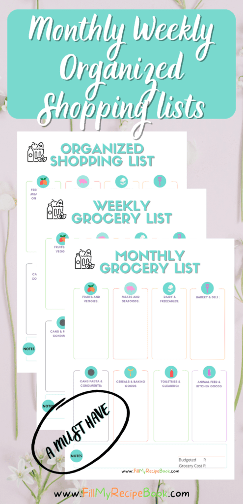 Monthly Weekly Organized Shopping lists.