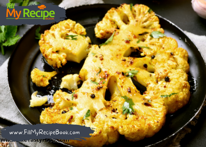 Roasted Turmeric Cauliflower Steaks with Cheese recipe. Easy vegetable side dish flavored with turmeric and parmesan oven baked.