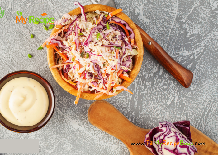 Crunchy Coleslaw Salad and Sauce recipe idea to add to braai’s, barbecue meals as a cold side dish. Healthy summer salad with dressings.