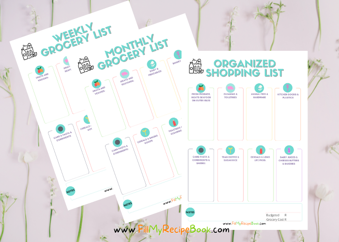 Monthly Weekly Organized Shopping lists.