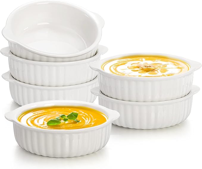 6 Pack Large Porcelain Ramekins, 14 Oz Ceramic Creme Brulee Souffle Baking Dishes with Handle, 5 Inch French Onion Soup Bowls for Ramen, Stew, Lava Cakes, Pot Pie, Oven Safe, White.