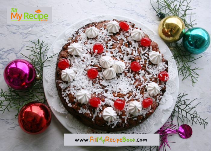 Alcohol Free Christmas Cake recipe idea. A moist bake with fruit mix, dates and whole cherries in the cake that can be made any time.