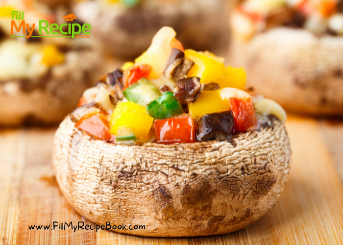 Easy Stuffed Portabella Pizza recipe idea. A quick easy mushroom appetizer, grilled or oven baked for a side dish, or mini pizza.(GF)