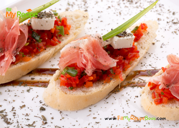 Ham and Feta Bruschetta an appetizer recipe idea. Crispy bites offer the savory taste of tomato, feta cheese, basil, garlic and balsamic.