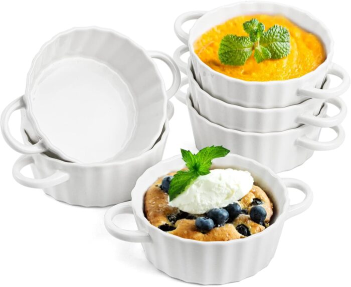 Foraineam 6 Pack Oven Safe Porcelain Souffle Dishes with Double Handles, 10 Ounce Round Mini Quiche Pan, Baking Pie Dish Ramekins For Pudding, Creme Brulee.
