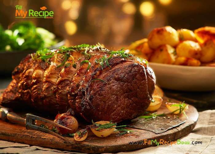 Simple Roasted Beef Recipe in the oven for dinner. Roasted beef cut with herbs and spices with onion and garlic, for gluten free meals.