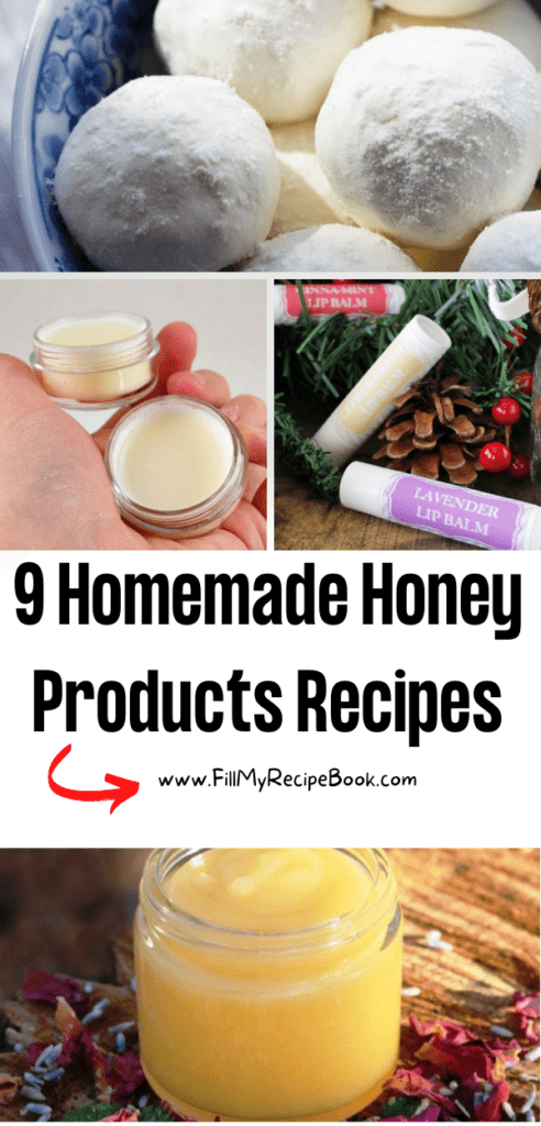 9 Homemade Honey Products Recipes that use beeswax for skin care and ointments and bath essentials.