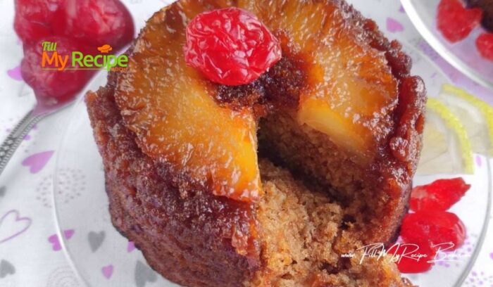An Easy Caramelized Pineapple Upside Down Mini Cake recipe. Oven Baked for a fine dining dessert from scratch topped with cherries.