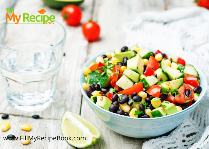 Corn and Black Bean Salad recipe with avocado and lime dressing. A healthy vegan or vegetarian cold side dish for braai or barbecue meals.