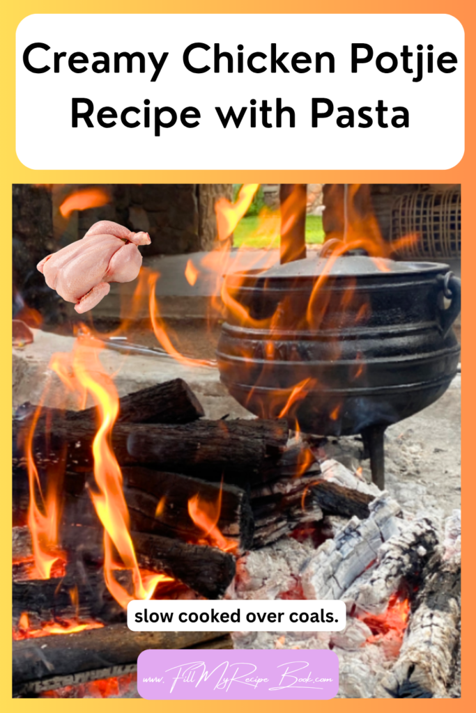 This creamy chicken noodle potjie is a rich pasta potjie recipe made with cheese, vegetables and white wine, slow cooked over coals.