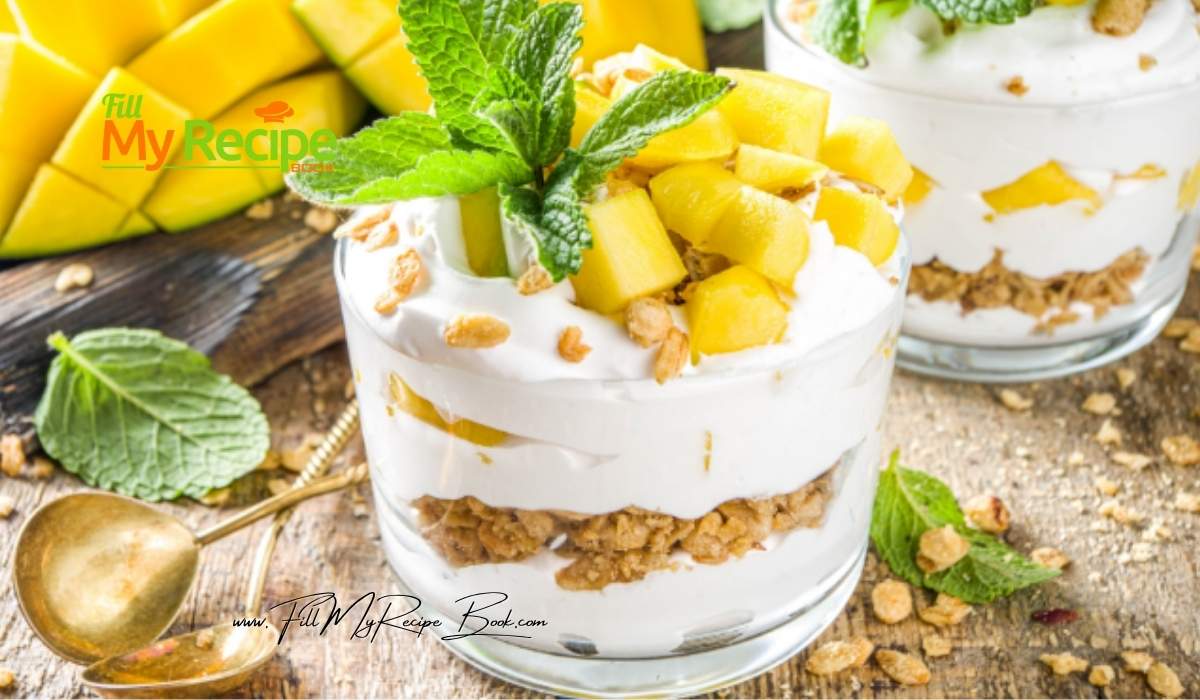 Easy Mango Parfait Recipe for a breakfast or a special dessert. Yogurt creamed layered with Muesli mix and cut ripe mangoes.