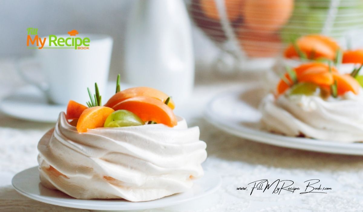 Mini Peaches and Cream Pavlova Recipe. A recipe for fine dining desserts or special occasions with fresh cream and sliced peaches, grapes.