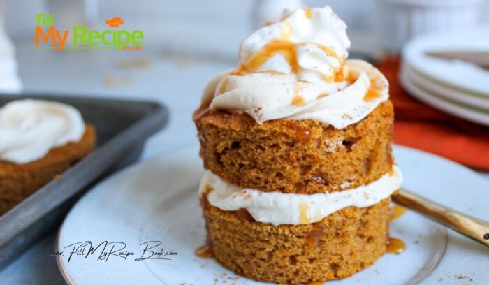 Bake this Mini Frosted Pumpkin Cakes recipe idea. Tasty moist pumpkin spiced, small cakes decorated with caramel buttercream, for dessert.