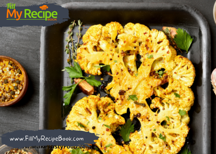 Roasted Turmeric Cauliflower Steaks with Cheese on top recipe. Easy vegetable side dish flavored with turmeric and parmesan oven baked.