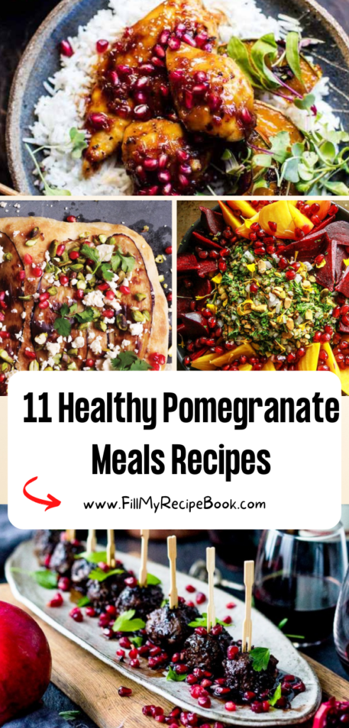 11 Healthy Pomegranate Meals Recipes ideas to create. Delicious glazed chicken and veggie bake idea for homemade meals for family.