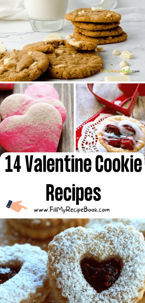 14 Valentine Cookie Recipes ideas to create. Easy homemade and colorful biscuits to bake, bowtie or heart shaped, cherry pie cups.