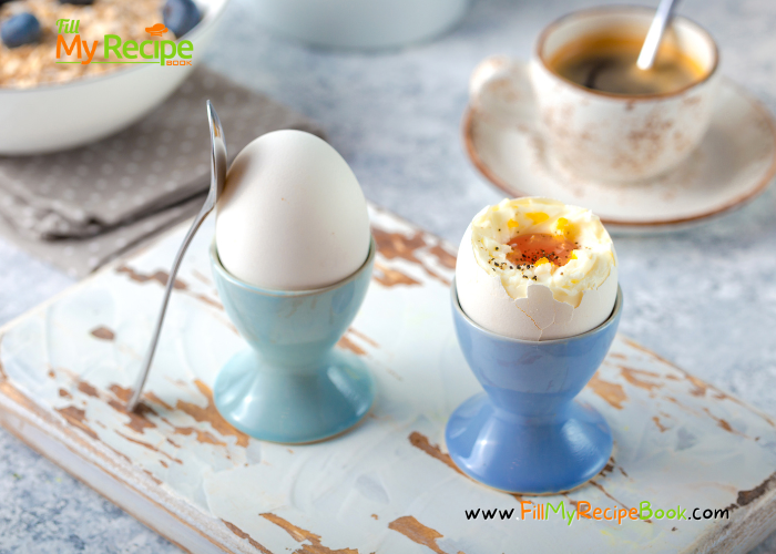 Boiled Eggs for Breakfast recipe ideas in an egg cup. Eggs are filled with protein and are a great energy sauce, for salads and easter use.