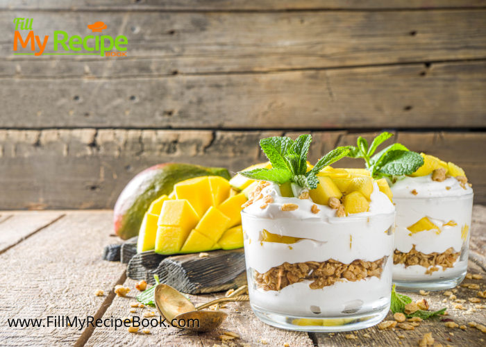 Tasty Mango Parfait Recipe to be made for a breakfast or a special dessert. Greek Yogurt creamed layered with Muesli mix and cut ripe mangoes.