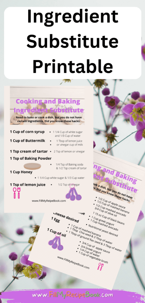 Ingredient Substitute Printable ideas. Make a recipe, but find that you are missing some ingredients. This chart will help with substitutes.