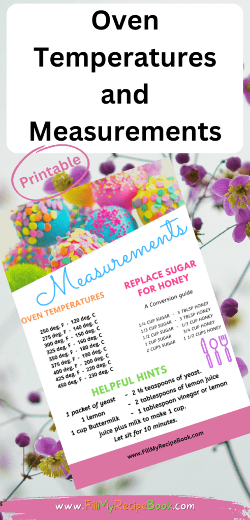 Oven Temperatures and Measurements printable. It includes the oven measurements as well a guide to replace sugar for healthy organic honey.