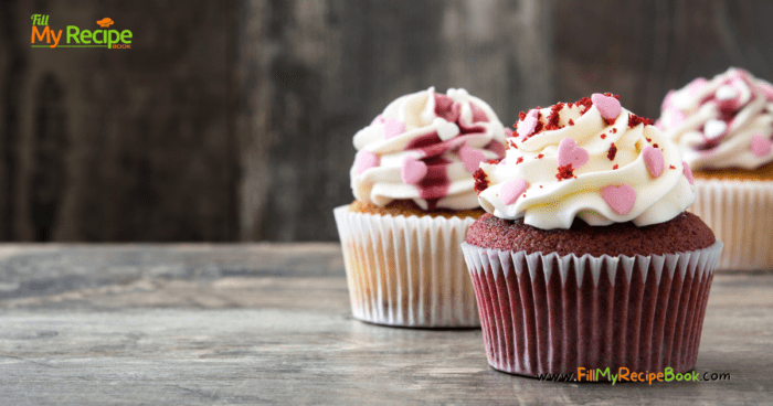 Valentines Vanilla Frosted Cupcakes recipe idea decorated with heart sprinkles, easy frosting ideas for kids to help decorate and serve.