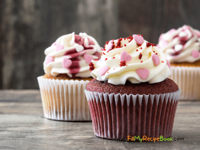 Valentines Vanilla Frosted Cupcakes recipe idea decorated with heart sprinkles, easy frosting ideas for kids to help decorate and serve.