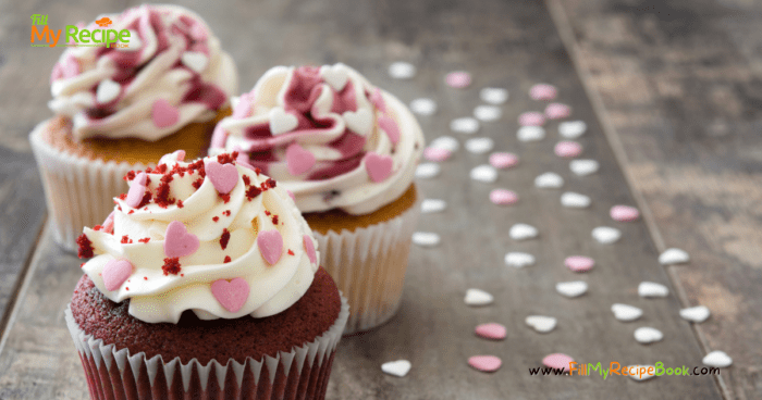 Valentines Vanilla Frosted Cupcakes recipe idea decorated with heart sprinkles, easy frosting ideas for kids to help decorate and serve.