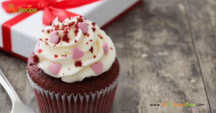 Valentines Vanilla Frosted Cupcakes recipe idea decorated with heart sprinkles, easy frosting ideas for kids to help decorate and serve.